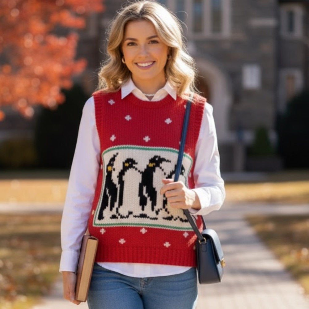 Vintage Red Penguin Preppy Retro Knit Sweater Vest